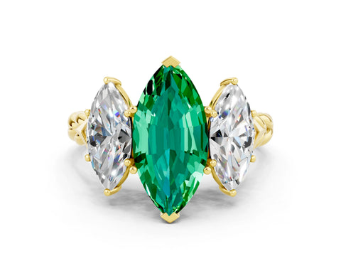 Yellow gold Three-Stone Marquise Cut Emerald Braided Band Ring with Four-Prong Setting_12
