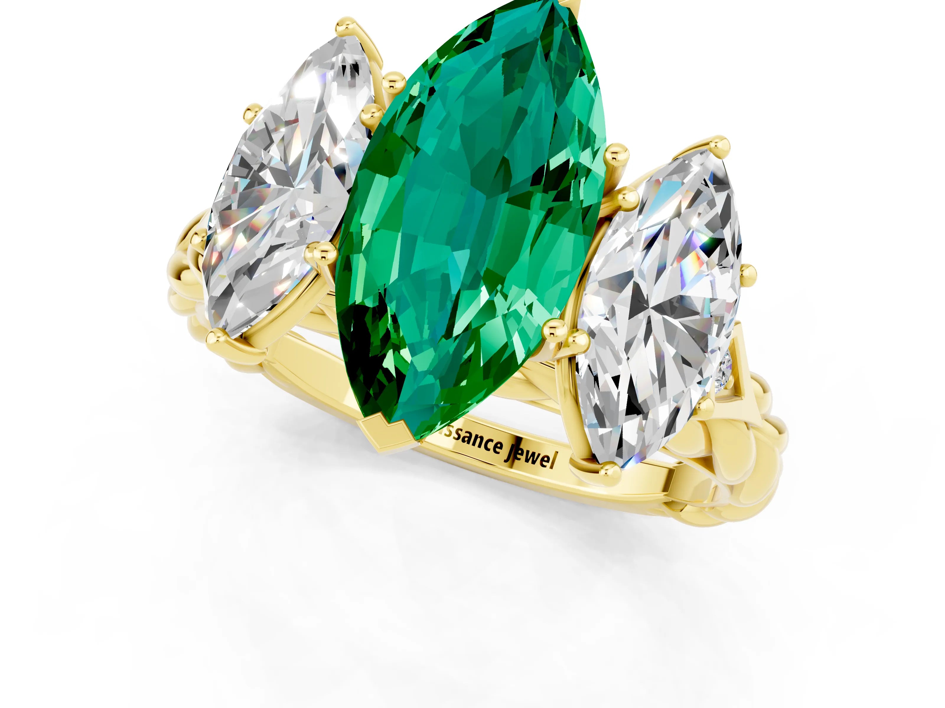 Yellow gold Three-Stone Marquise Cut Emerald Braided Band Ring with Four-Prong Setting_13