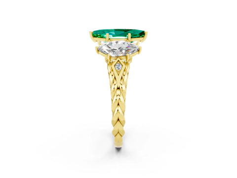 Yellow gold Three-Stone Marquise Cut Emerald Braided Band Ring with Four-Prong Setting_14