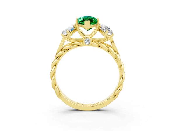 Yellow gold Three-Stone Marquise Cut Emerald Braided Band Ring with Four-Prong Setting