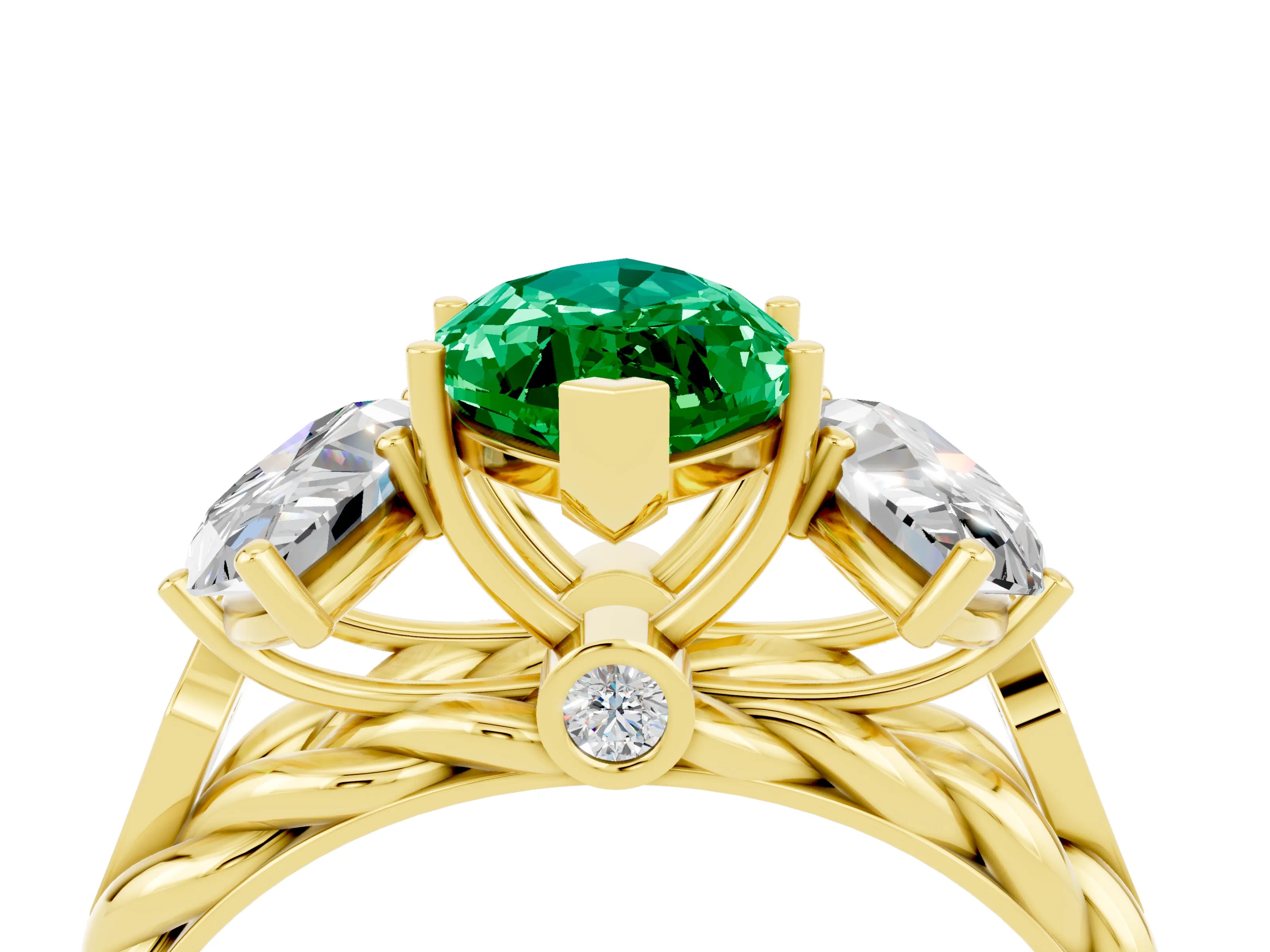 Yellow gold Three-Stone Marquise Cut Emerald Braided Band Ring with Four-Prong Setting_16