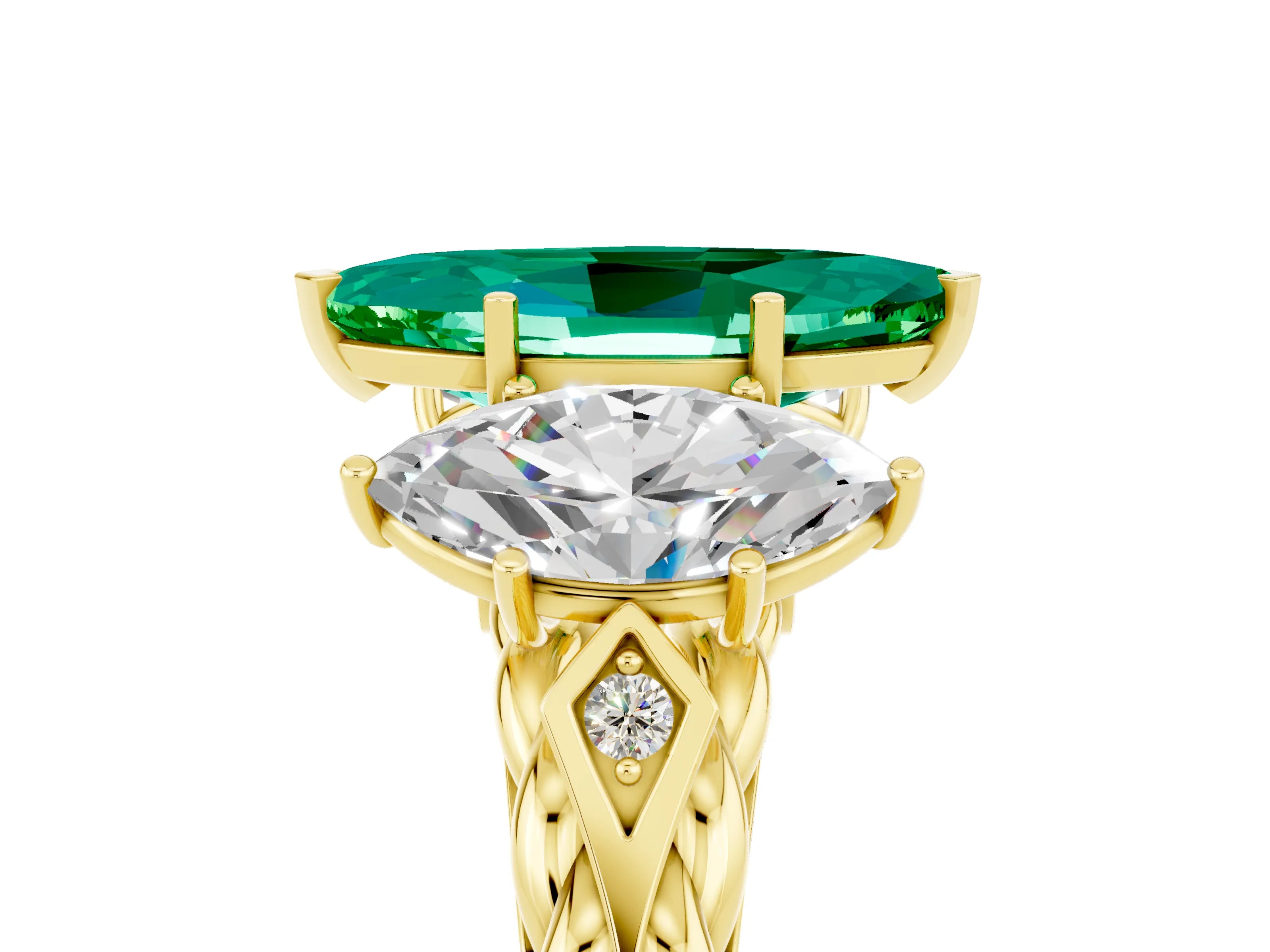 Yellow gold Three-Stone Marquise Cut Emerald Braided Band Ring with Four-Prong Setting_17