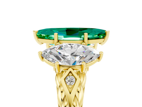 Yellow gold Three-Stone Marquise Cut Emerald Braided Band Ring with Four-Prong Setting_17