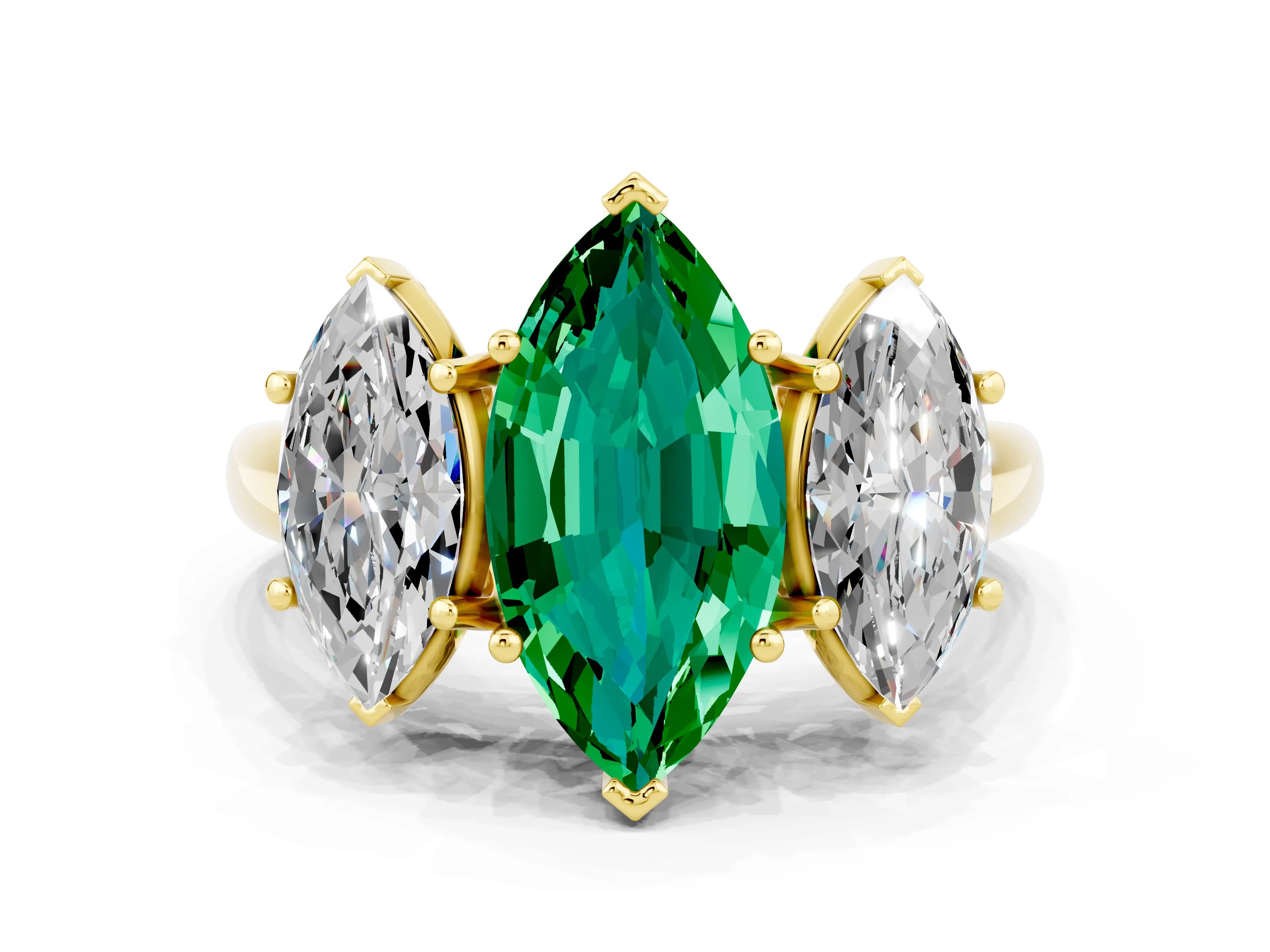Yellow gold Three-Stone Marquise Cut Emerald Engagement Ring with Prong Setting