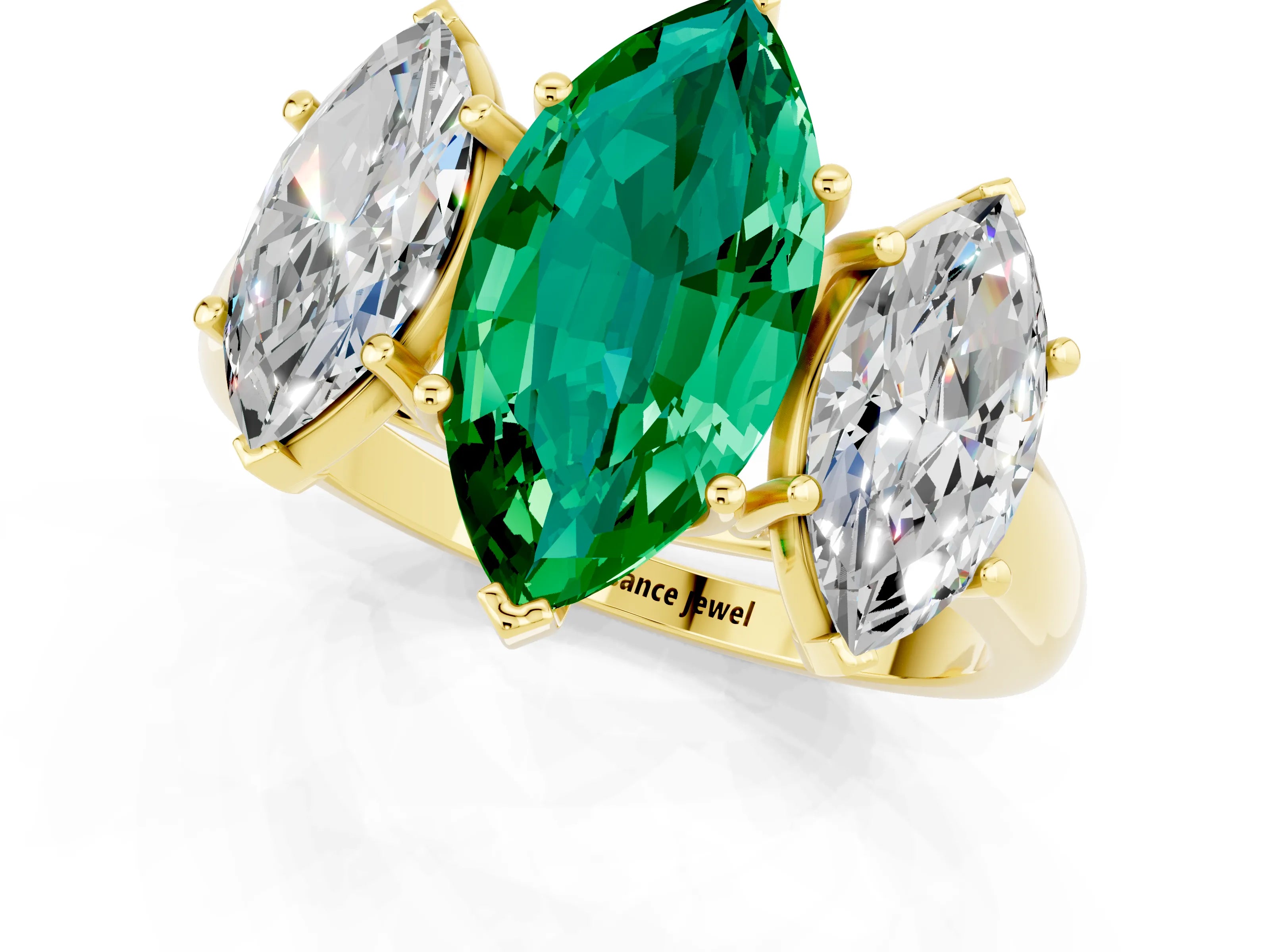 Yellow gold Three-Stone Marquise Cut Emerald Engagement Ring with Prong Setting_1