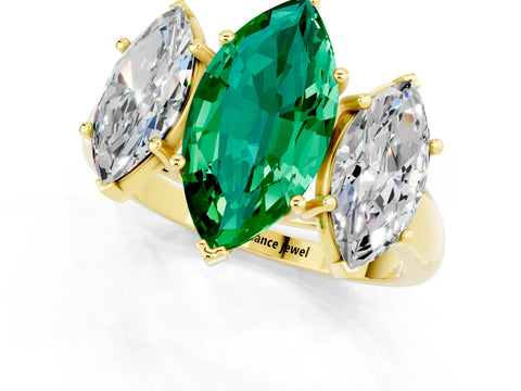 Yellow gold Three-Stone Marquise Cut Emerald Engagement Ring with Prong Setting_1