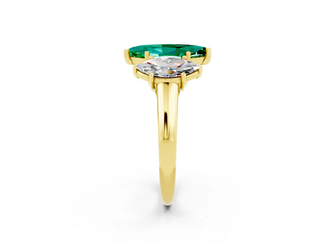 Yellow gold Three-Stone Marquise Cut Emerald Engagement Ring with Prong Setting_2