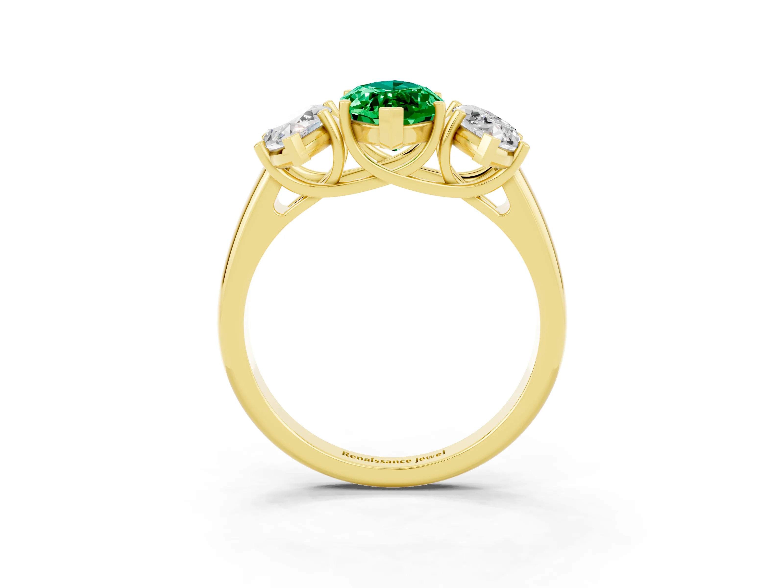 Yellow gold Three-Stone Marquise Cut Emerald Engagement Ring with Prong Setting_3