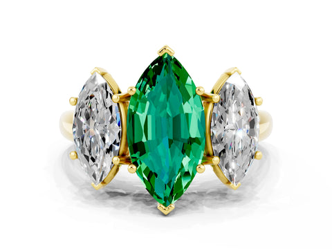 Yellow gold Three-Stone Marquise Cut Emerald Engagement Ring with Prong Setting