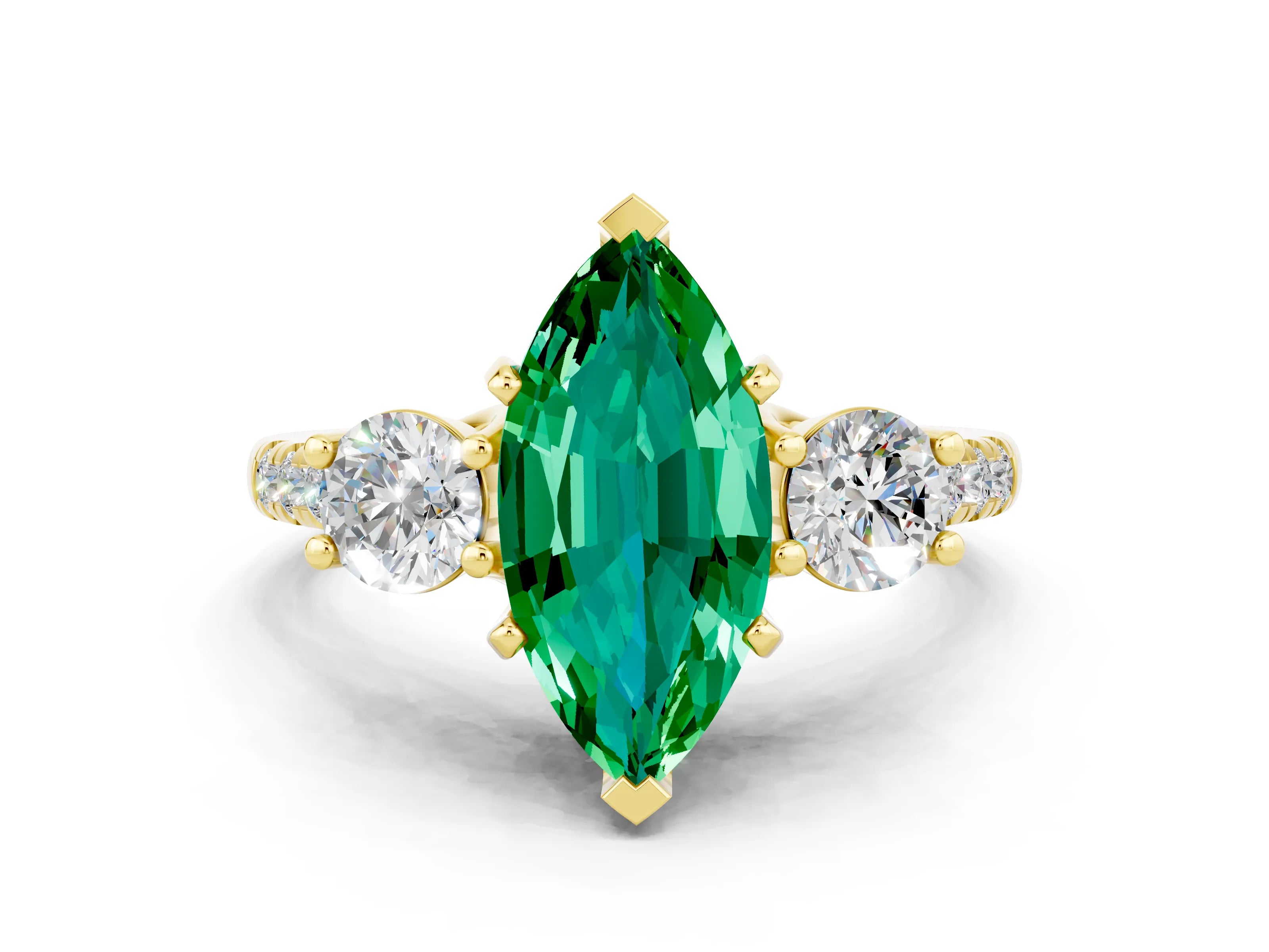 Yellow gold Three-Stone Marquise Cut Emerald Pavé Band with Four-Prong Setting