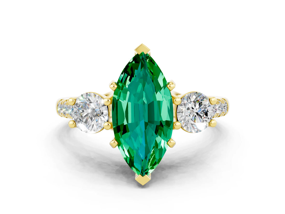 Yellow gold Three-Stone Marquise Cut Emerald Pavé Band with Four-Prong Setting