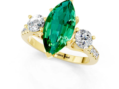 Yellow gold Three-Stone Marquise Cut Emerald Pavé Band with Four-Prong Setting_1