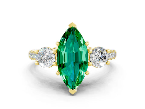 Yellow gold Three-Stone Marquise Cut Emerald Pavé Band with Four-Prong Setting