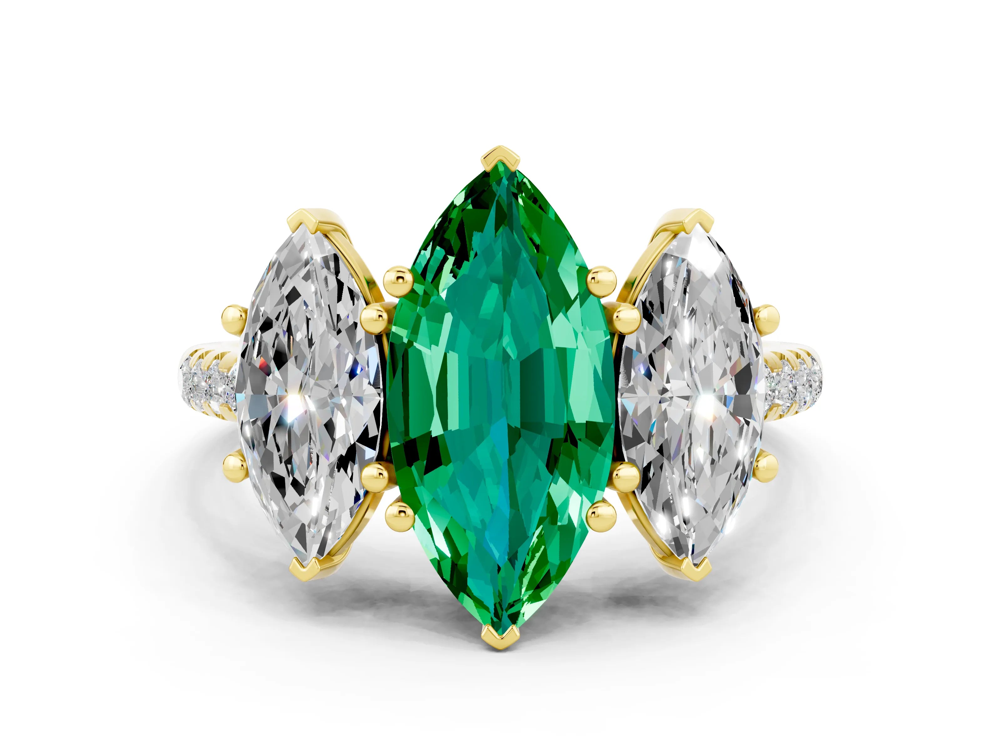 Yellow gold Three-Stone Marquise Cut Emerald Ring with Pavé Band and Prong Setting_12