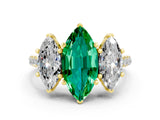 Yellow gold Three-Stone Marquise Cut Emerald Ring with Pavé Band and Prong Setting_12