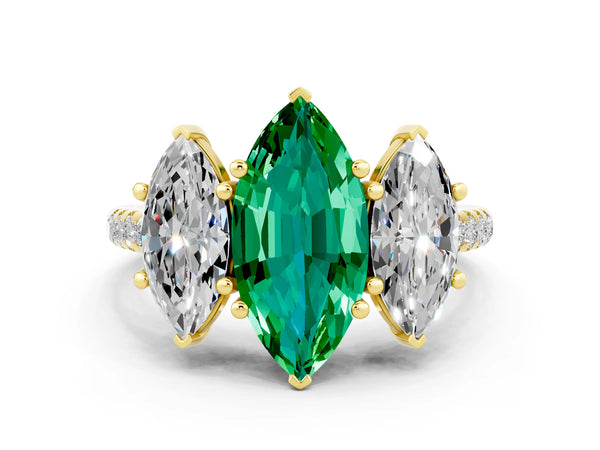 Yellow gold Three-Stone Marquise Cut Emerald Ring with Round  Pavé Band and Prong Setting