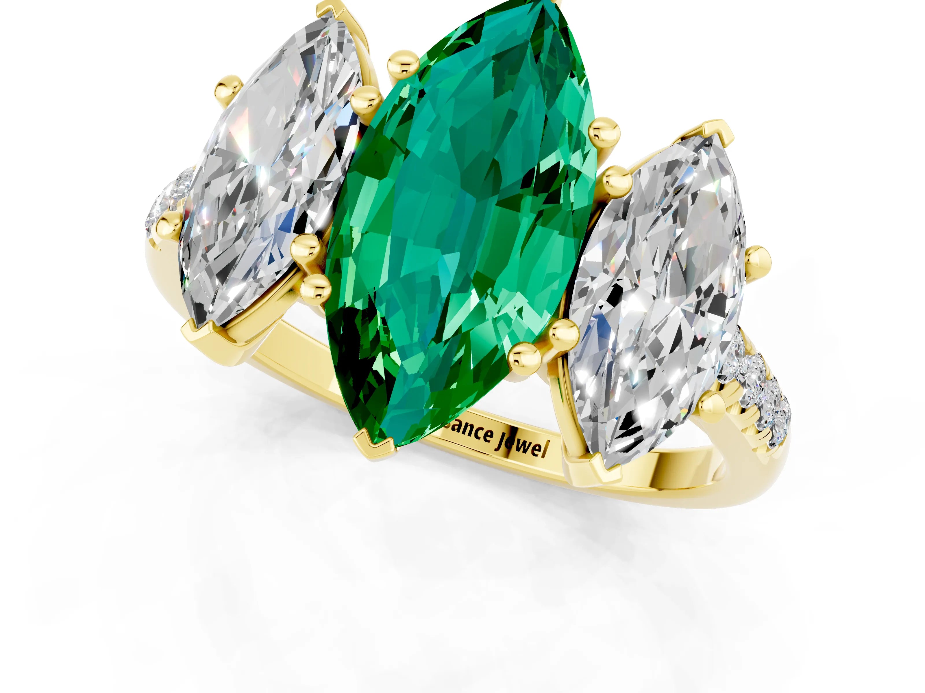 Yellow gold Three-Stone Marquise Cut Emerald Ring with Pavé Band and Prong Setting_13
