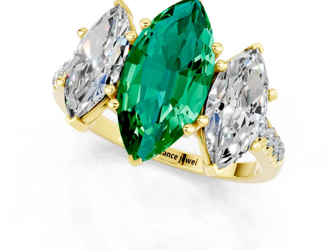 Yellow gold Three-Stone Marquise Cut Emerald Ring with Pavé Band and Prong Setting_13