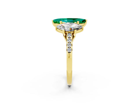 Yellow gold Three-Stone Marquise Cut Emerald Ring with Pavé Band and Prong Setting_14