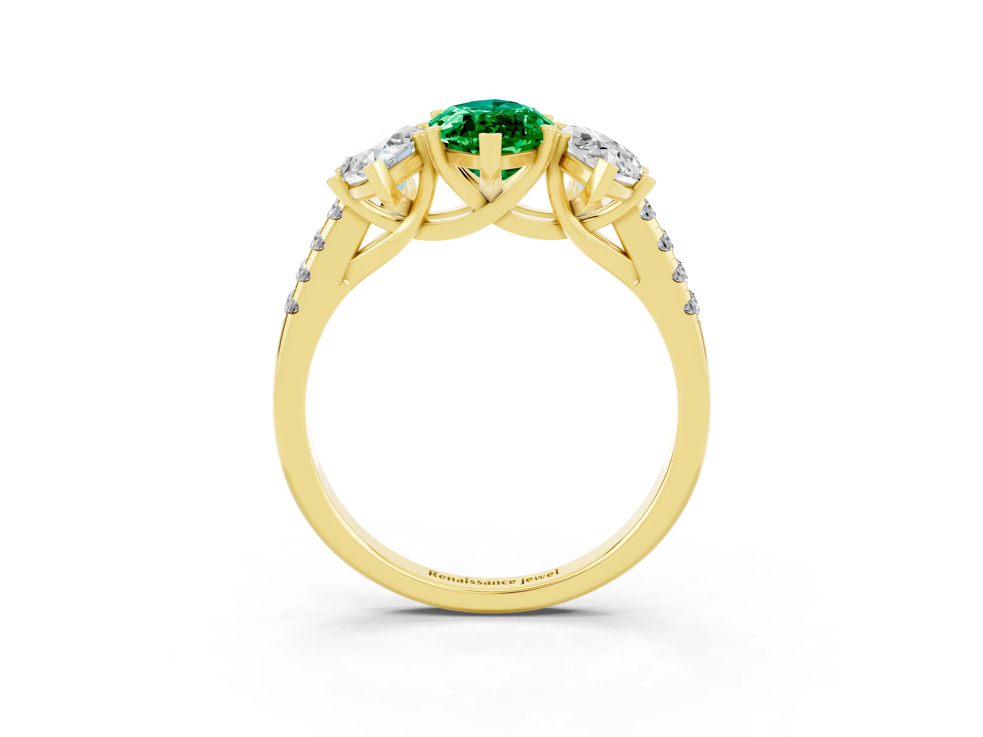 Yellow gold Three-Stone Marquise Cut Emerald Ring with Pavé Band and Prong Setting_15