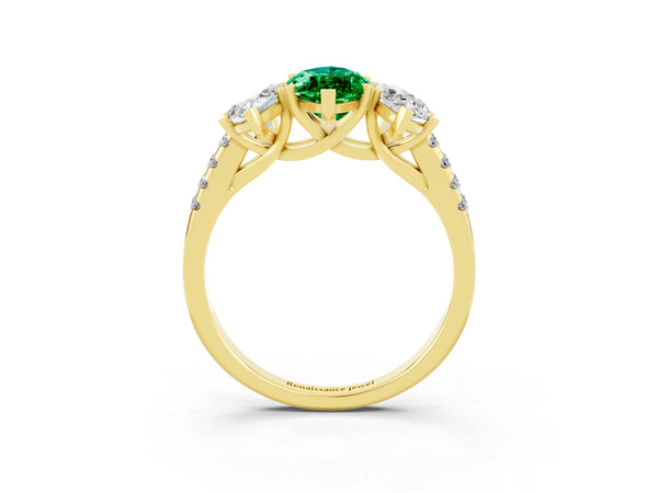 Yellow gold Three-Stone Marquise Cut Emerald Ring with Round  Pavé Band and Prong Setting