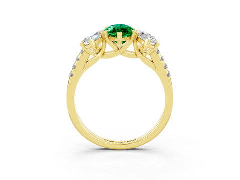 Yellow gold Three-Stone Marquise Cut Emerald Ring with Pavé Band and Prong Setting_15