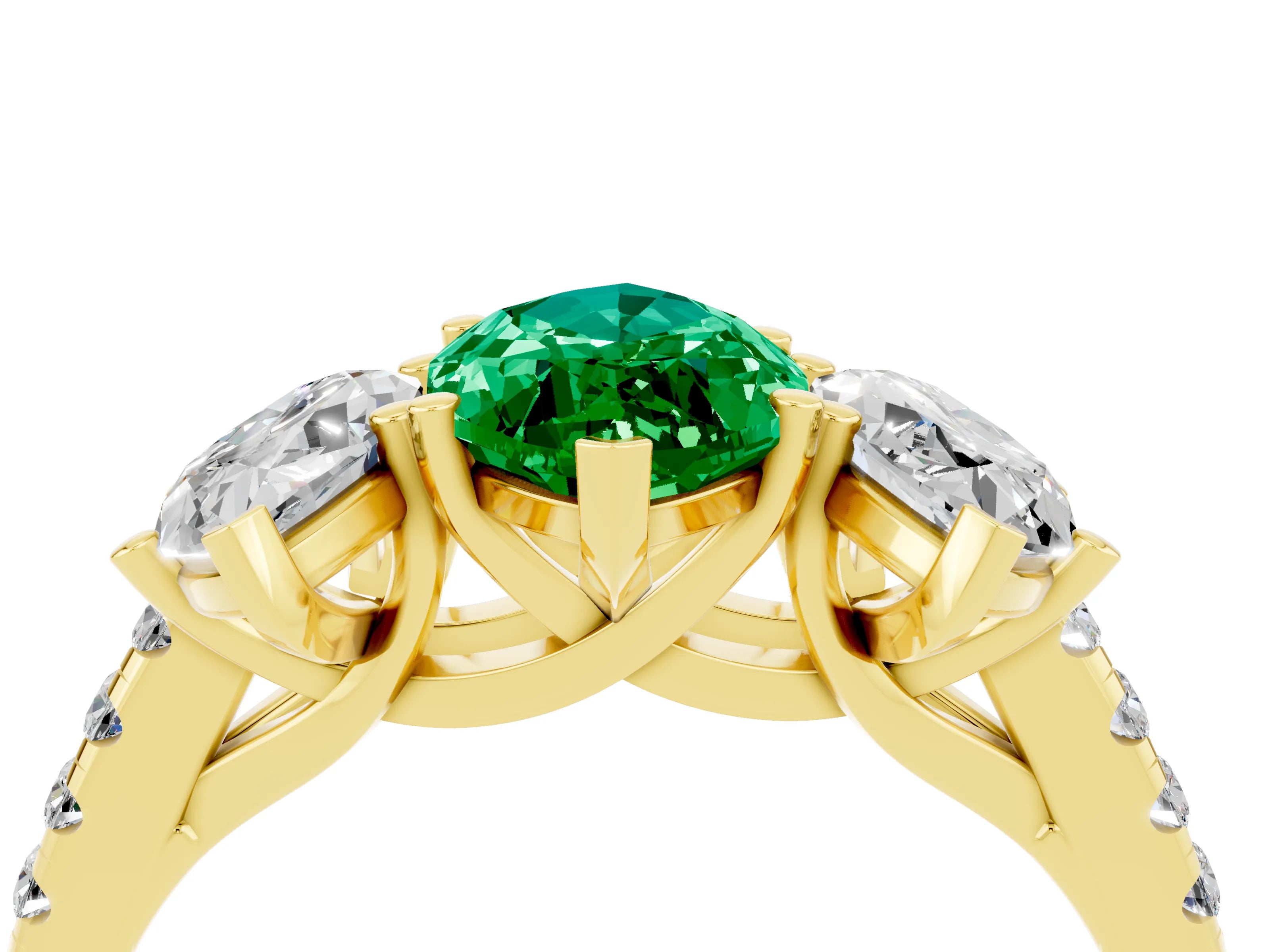 Yellow gold Three-Stone Marquise Cut Emerald Ring with Pavé Band and Prong Setting_16