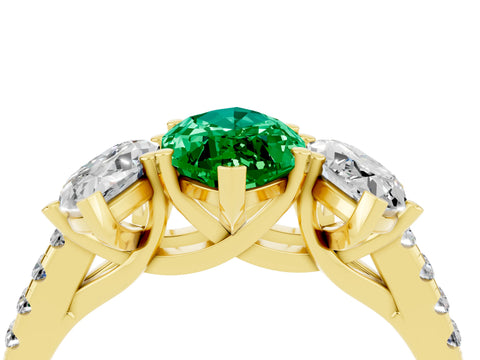Yellow gold Three-Stone Marquise Cut Emerald Ring with Pavé Band and Prong Setting_16