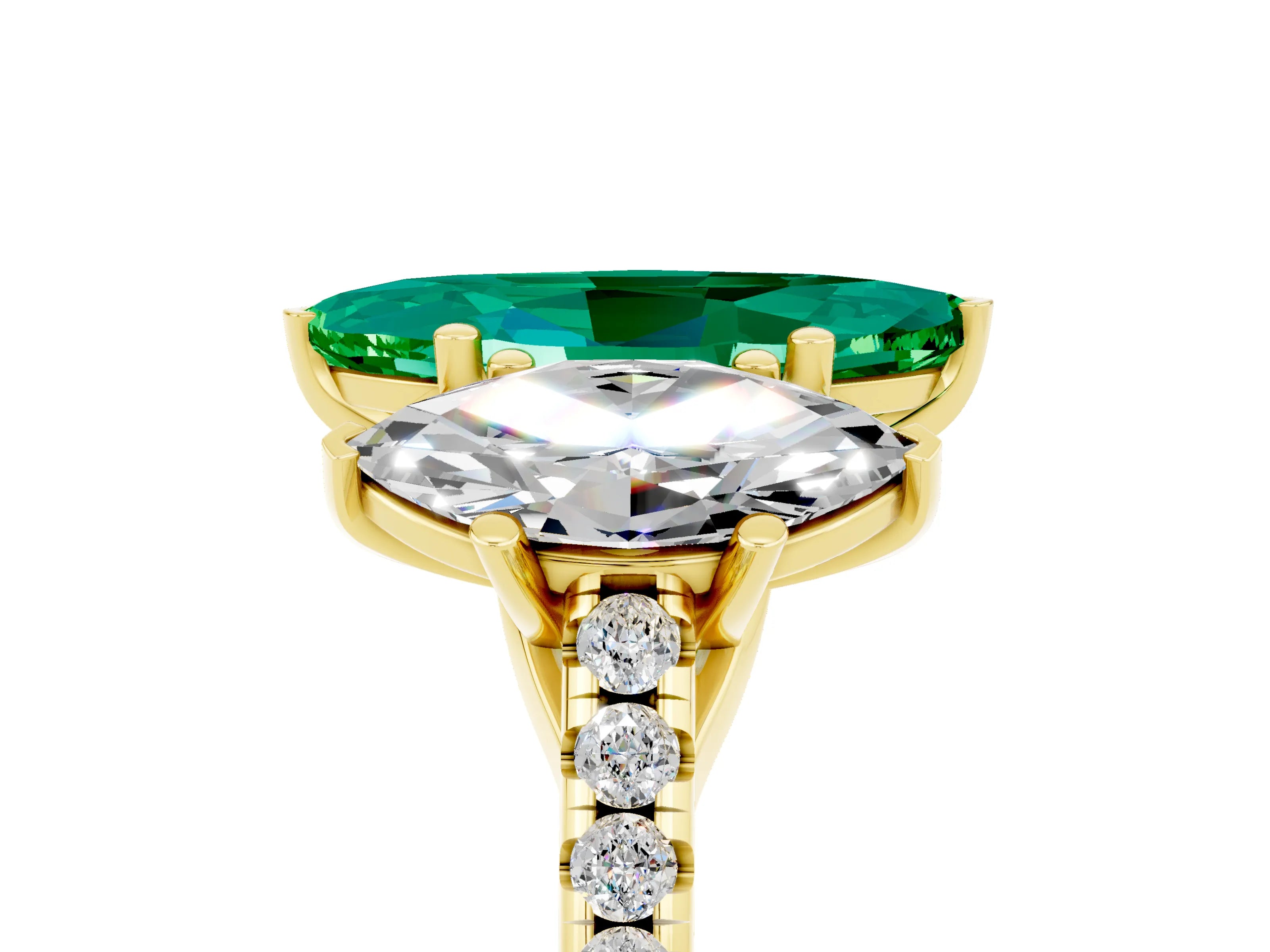 Yellow gold Three-Stone Marquise Cut Emerald Ring with Pavé Band and Prong Setting_17