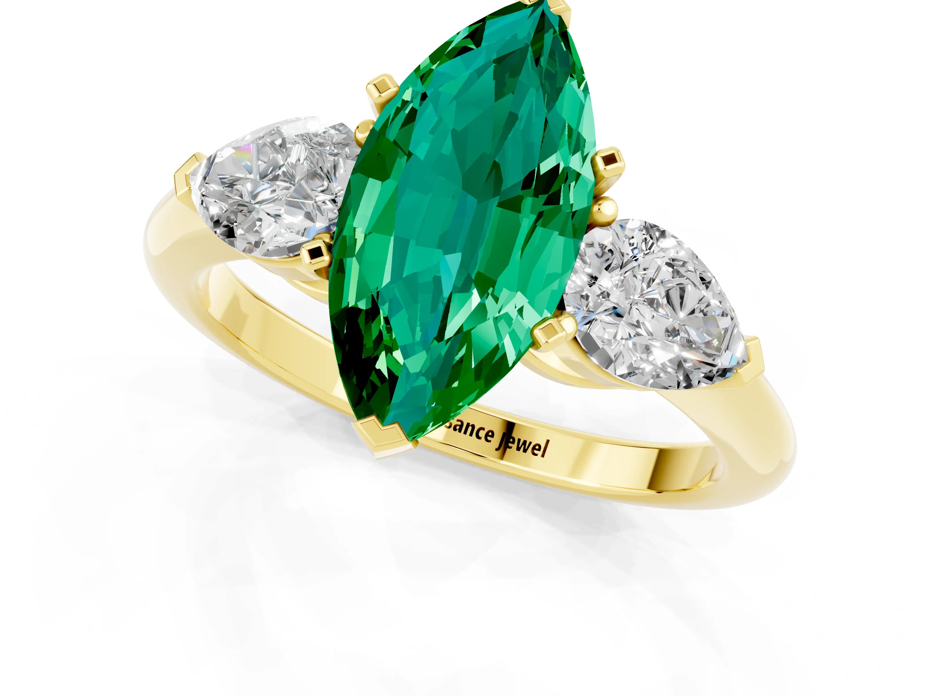 Yellow gold Three-Stone Marquise Cut Emerald Ring with Pear Side Stones and Four-Prong Setting_1
