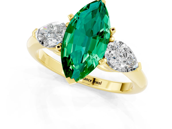 Yellow gold Three-Stone Marquise Cut Emerald Ring with Pear Side Stones and Four-Prong Setting