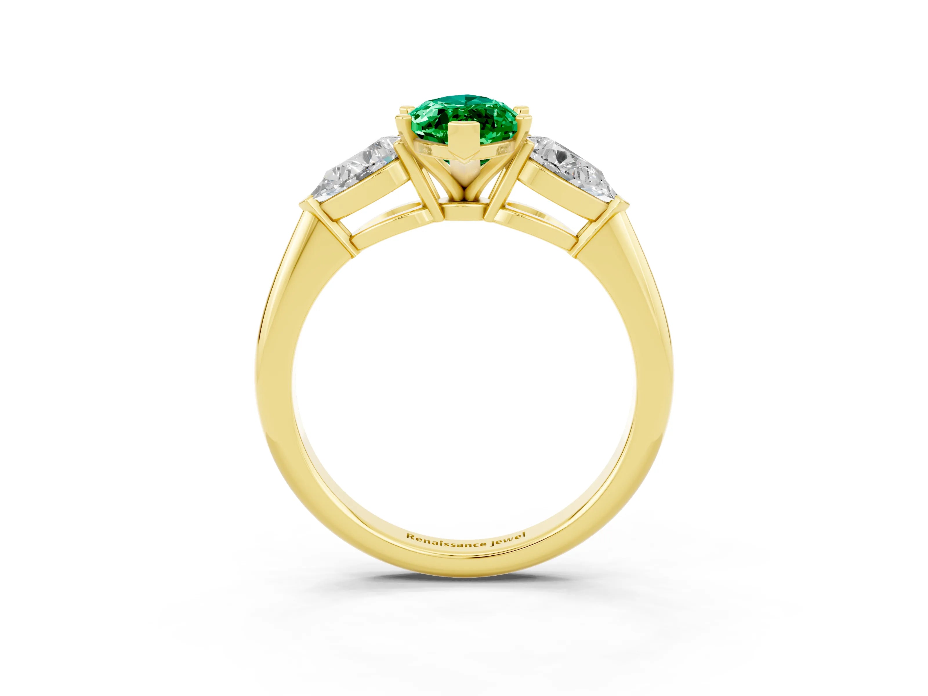 Yellow gold Three-Stone Marquise Cut Emerald Ring with Pear Side Stones and Four-Prong Setting_3