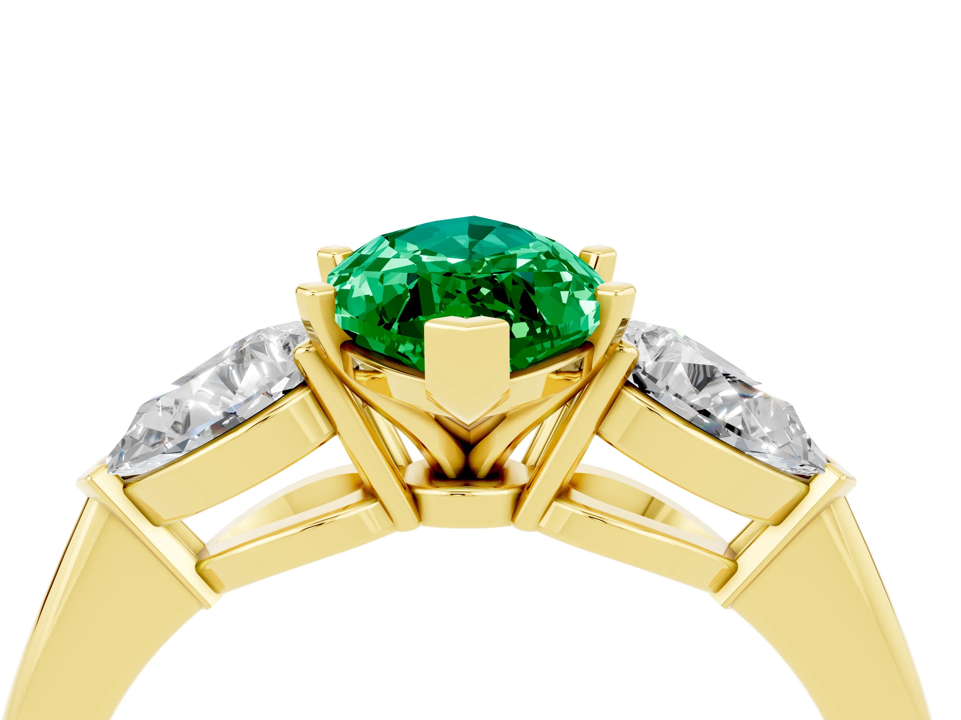 Yellow gold Three-Stone Marquise Cut Emerald Ring with Pear Side Stones and Four-Prong Setting_4