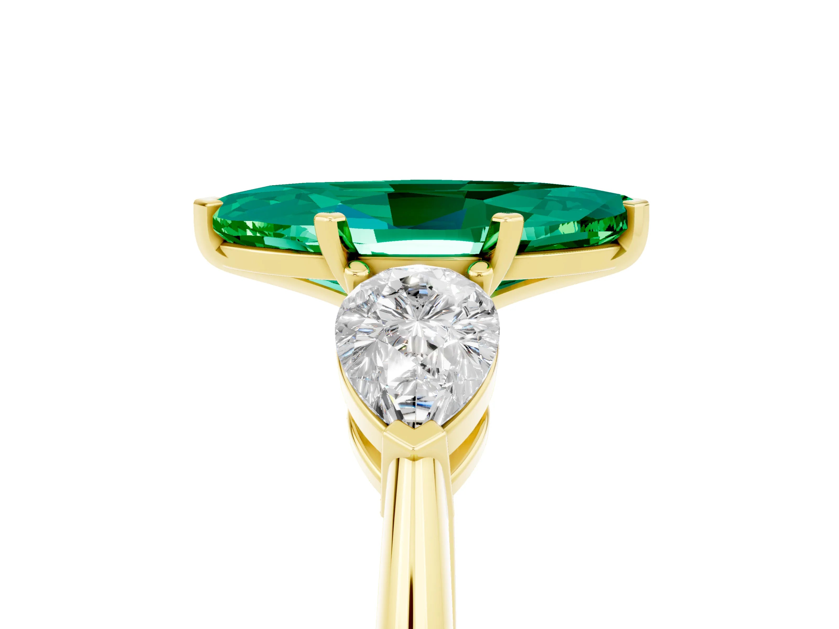 Yellow gold Three-Stone Marquise Cut Emerald Ring with Pear Side Stones and Four-Prong Setting_5