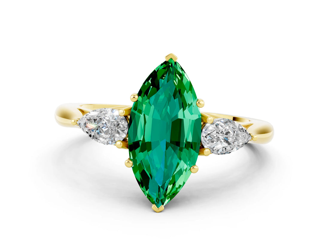 Yellow gold Three-Stone Marquise Cut Emerald Ring with Pear  Side Stones in Four-Prong Setting_12
