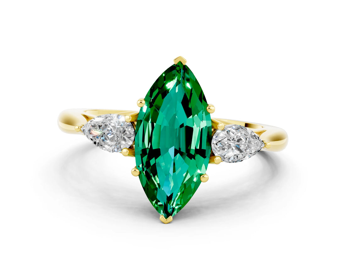 Yellow gold Three-Stone Marquise Cut Emerald Ring with Pear  Side Stones in Four-Prong Setting_36