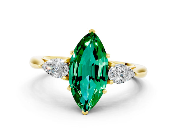 Yellow gold Three-Stone Marquise Cut Emerald Ring with Pear  Side Stones in Four-Prong Setting