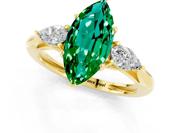 Yellow gold Three-Stone Marquise Cut Emerald Ring with Pear  Side Stones in Four-Prong Setting