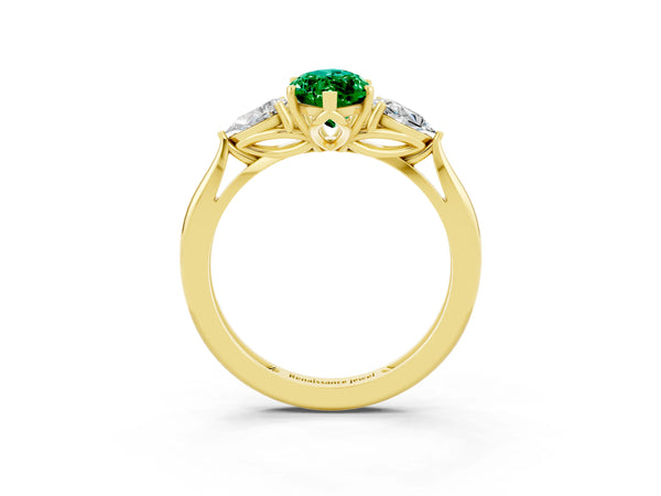 Yellow gold Three-Stone Marquise Cut Emerald Ring with Pear  Side Stones in Four-Prong Setting
