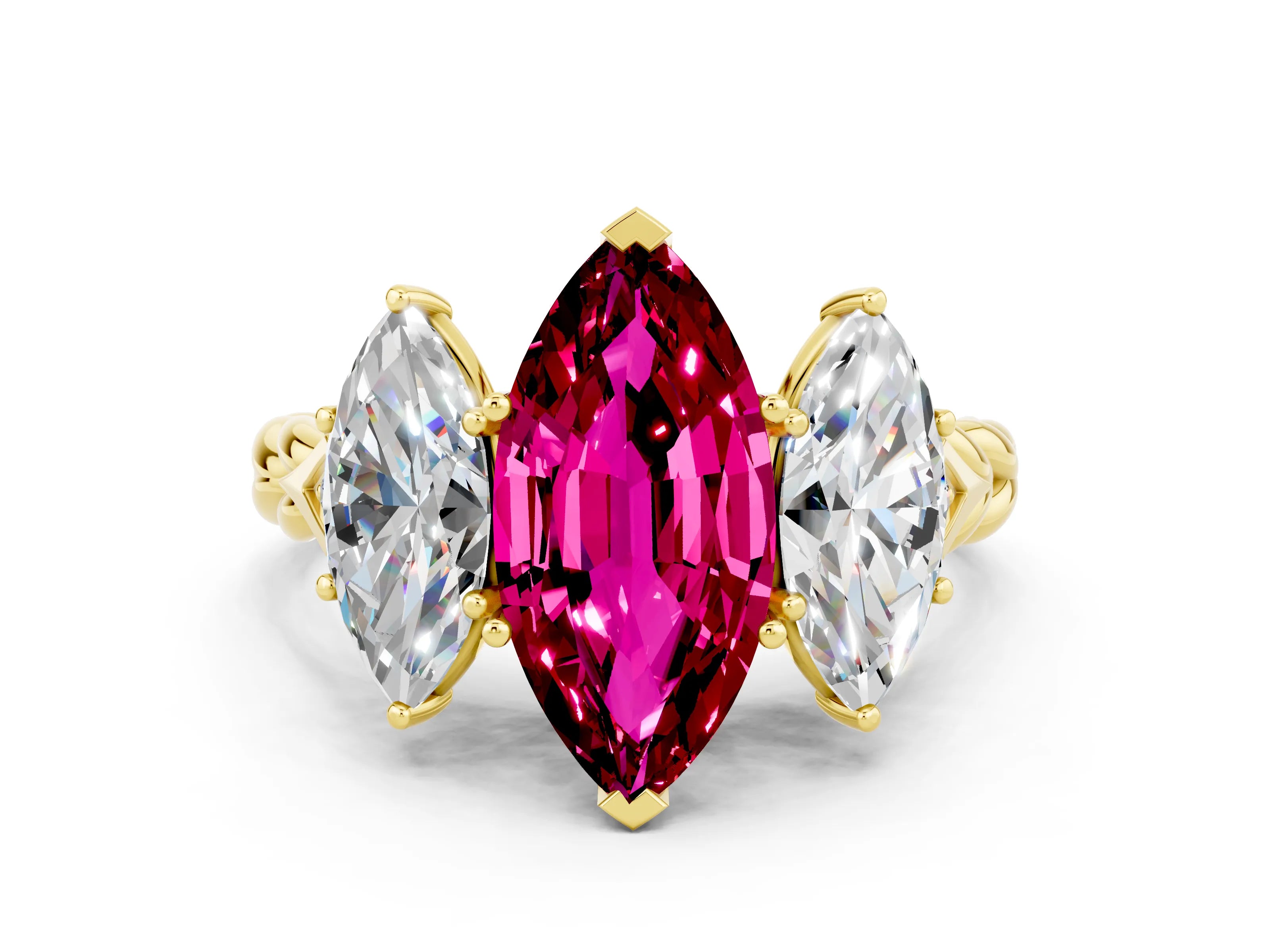Yellow gold Three-Stone Marquise Cut Garnet Braided Band Ring with Four-Prong Setting_12