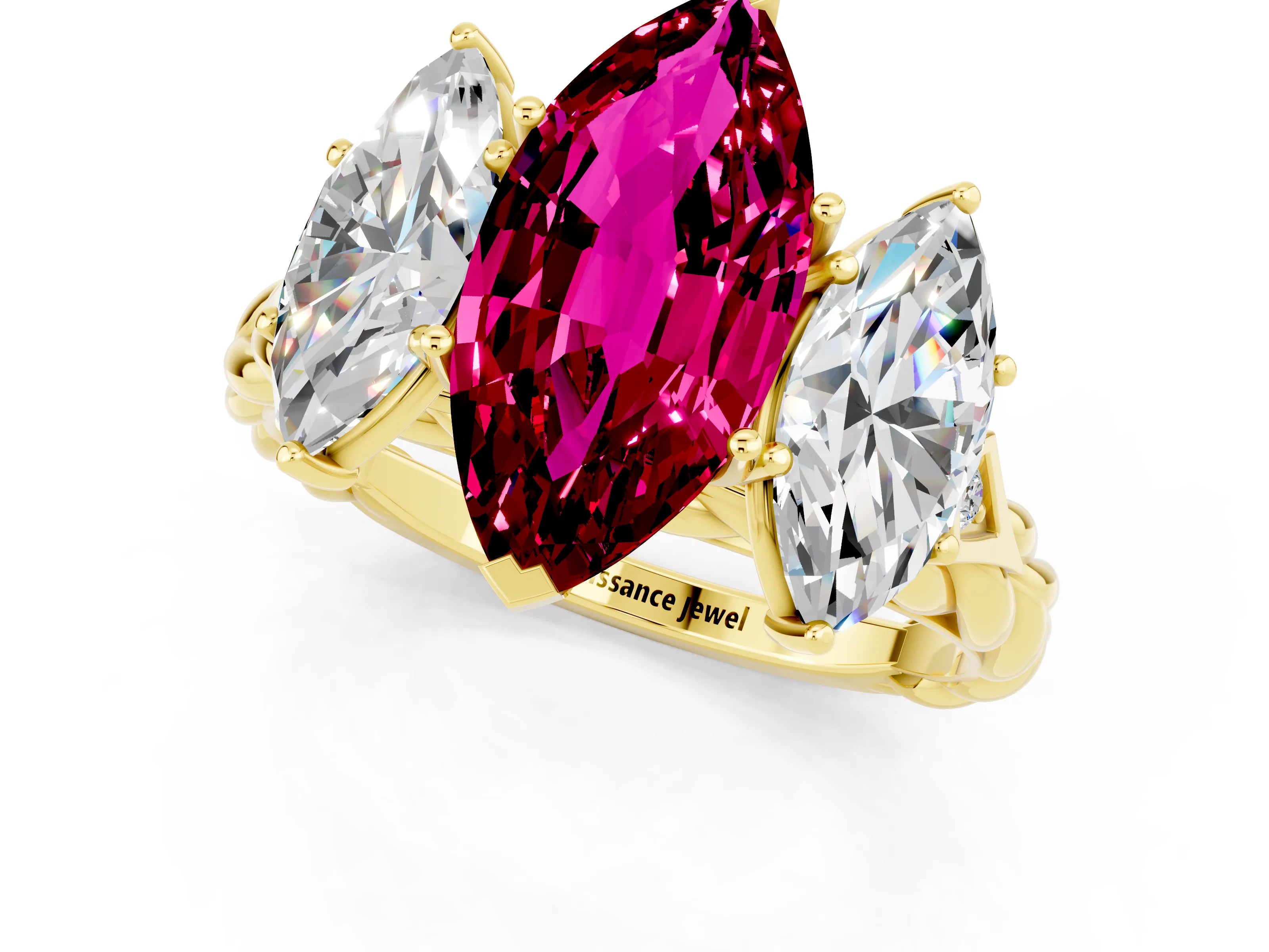 Yellow gold Three-Stone Marquise Cut Garnet Braided Band Ring with Four-Prong Setting_13