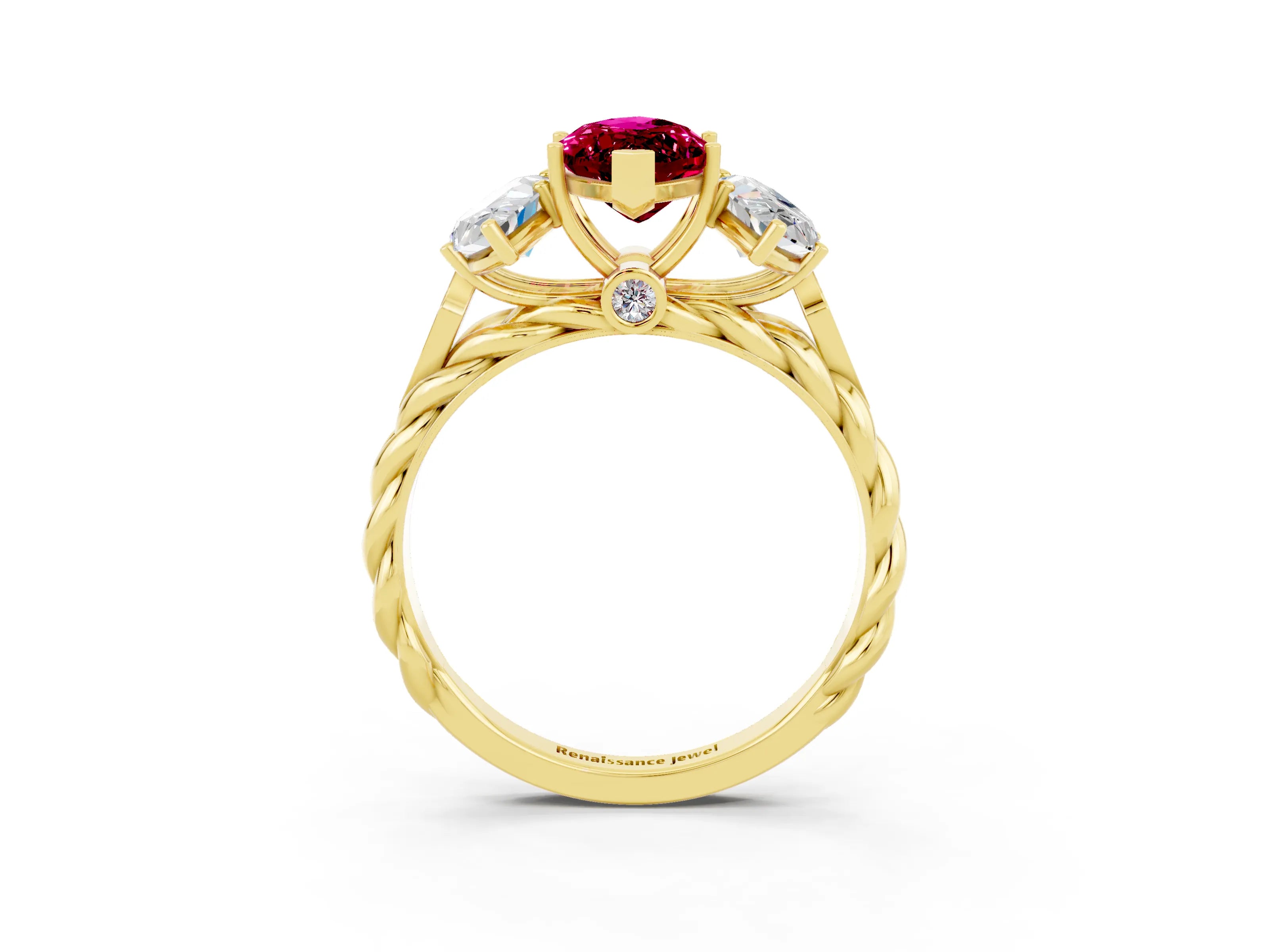 Yellow gold Three-Stone Marquise Cut Garnet Braided Band Ring with Four-Prong Setting_15