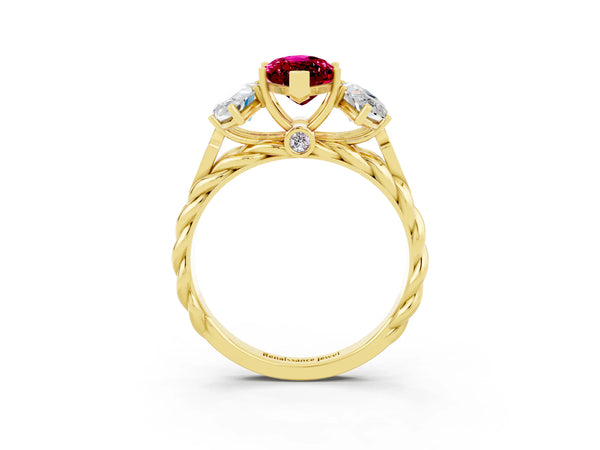 Yellow gold Three-Stone Marquise Cut Garnet Braided Band Ring with Four-Prong Setting