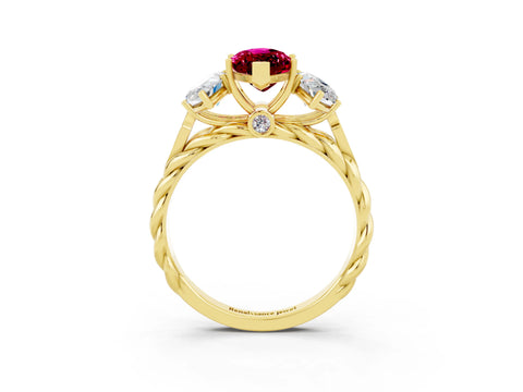 Yellow gold Three-Stone Marquise Cut Garnet Braided Band Ring with Four-Prong Setting_15