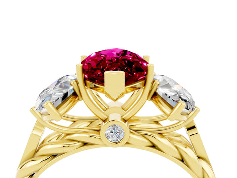Yellow gold Three-Stone Marquise Cut Garnet Braided Band Ring with Four-Prong Setting_16