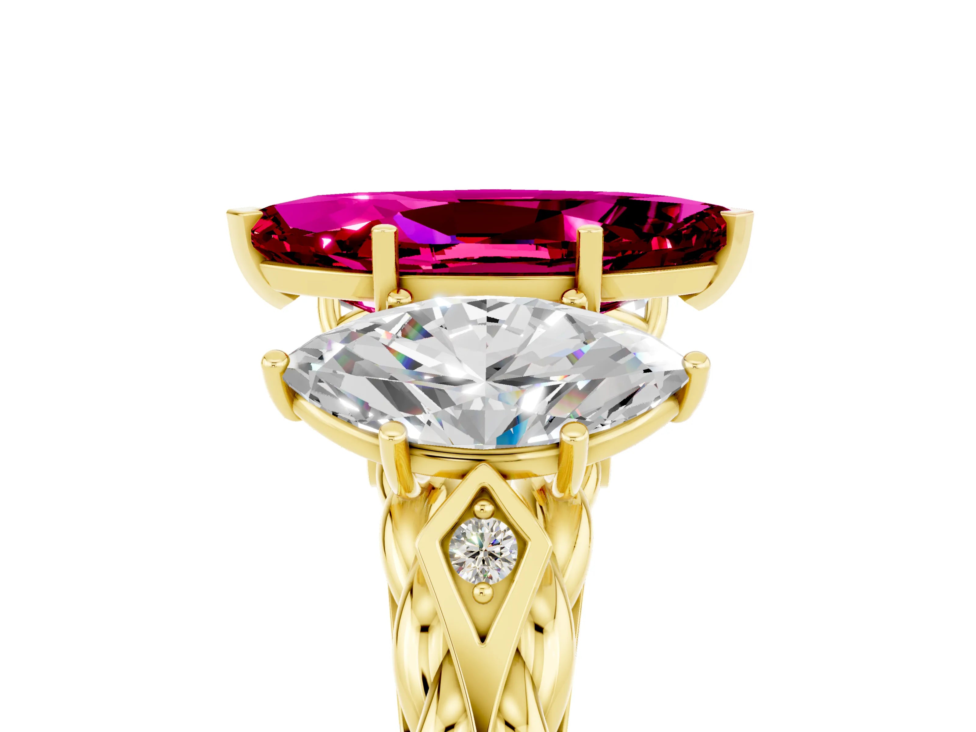 Yellow gold Three-Stone Marquise Cut Garnet Braided Band Ring with Four-Prong Setting_17