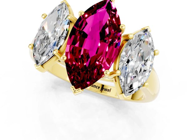 Yellow gold Three-Stone Marquise Cut Garnet Engagement Ring with Prong Setting
