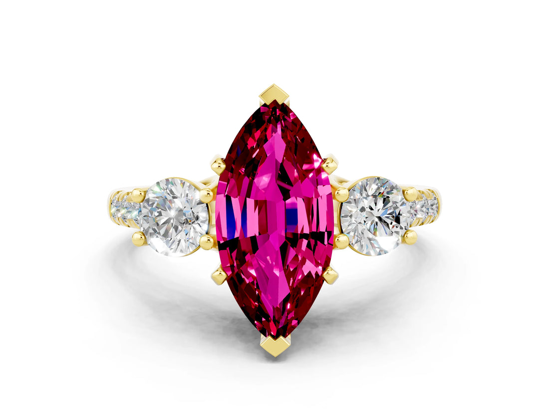 Yellow gold Three-Stone Marquise Cut Garnet Pavé Band with Four-Prong Setting