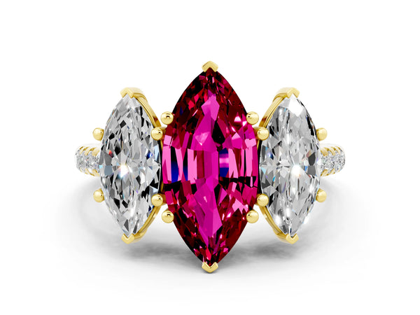 Yellow gold Three-Stone Marquise Cut Garnet Ring with Round  Pavé Band and Prong Setting