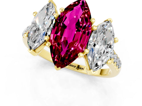 Yellow gold Three-Stone Marquise Cut Garnet Ring with Pavé Band and Prong Setting_13